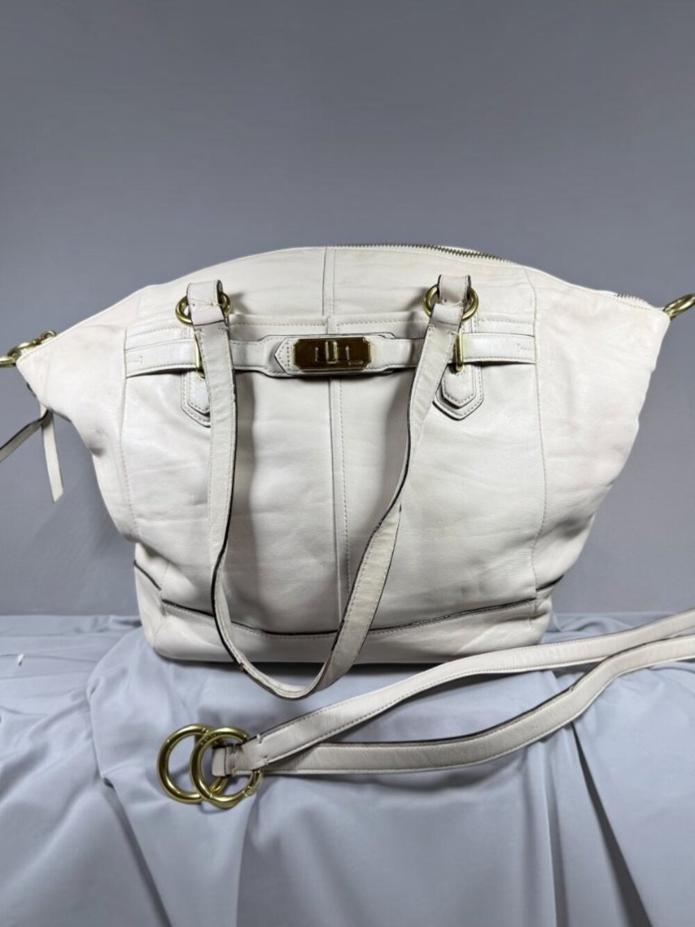 Coach White Ivory Leather Turnlock Large Tote Shoulder Bag Gold Brass Hardware